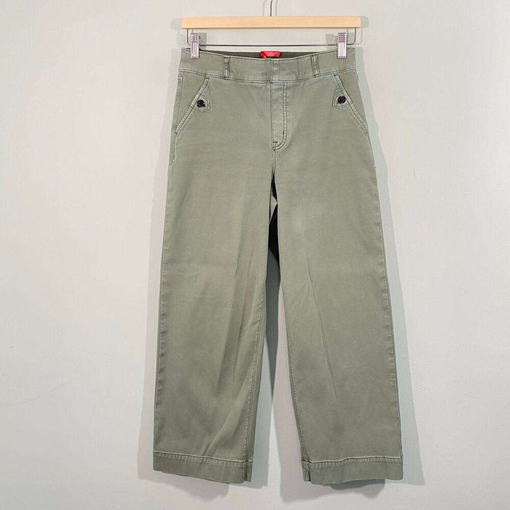 Spanx Women Soft Sage Green Stretch Pull On Twill Cropped Wide Leg Pants Size M